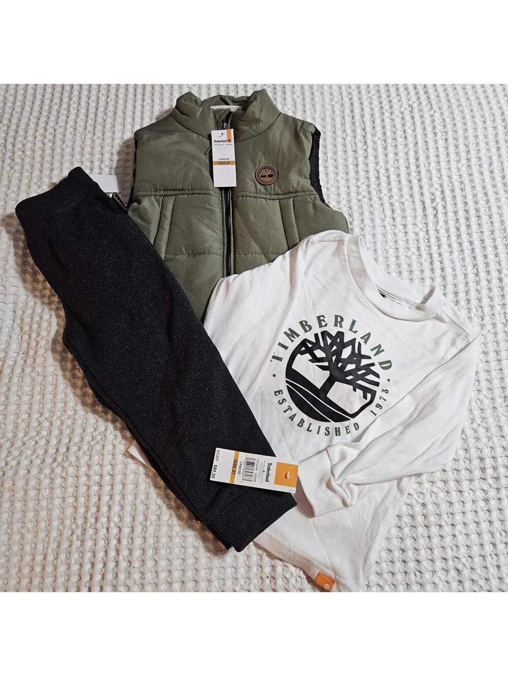 New Boy's Timberland 3-Piece Set Size 3T Vest Long Sleeve Shirt Pants Gray NWT